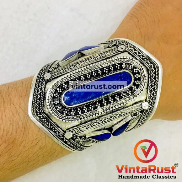 Single Lapis Lazuli Stone Cuff, Ethnic Afghan Handmade Cuff Bracelet - Picture 3 of 6
